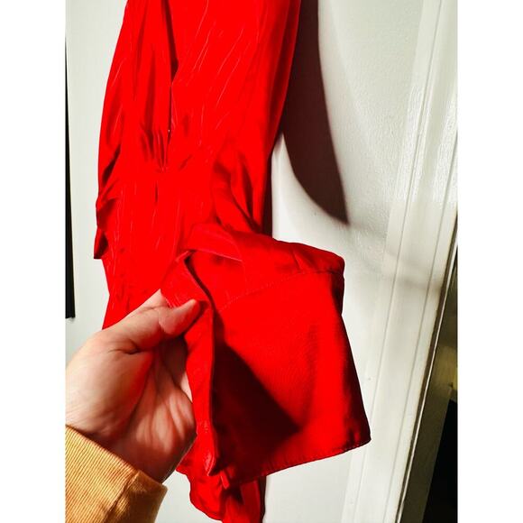 MARISSA WEBB Satin Red Tie Front V-Neck Ruffled Sleeves Shift Mini Dress Size 10 - Picture 5 of 11